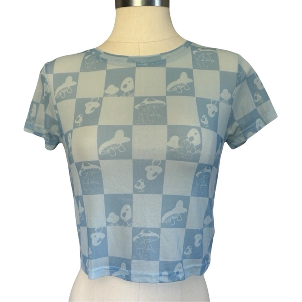 🔵 5 for $25 SMURFS womens blue and white mesh cap sleeve crop top